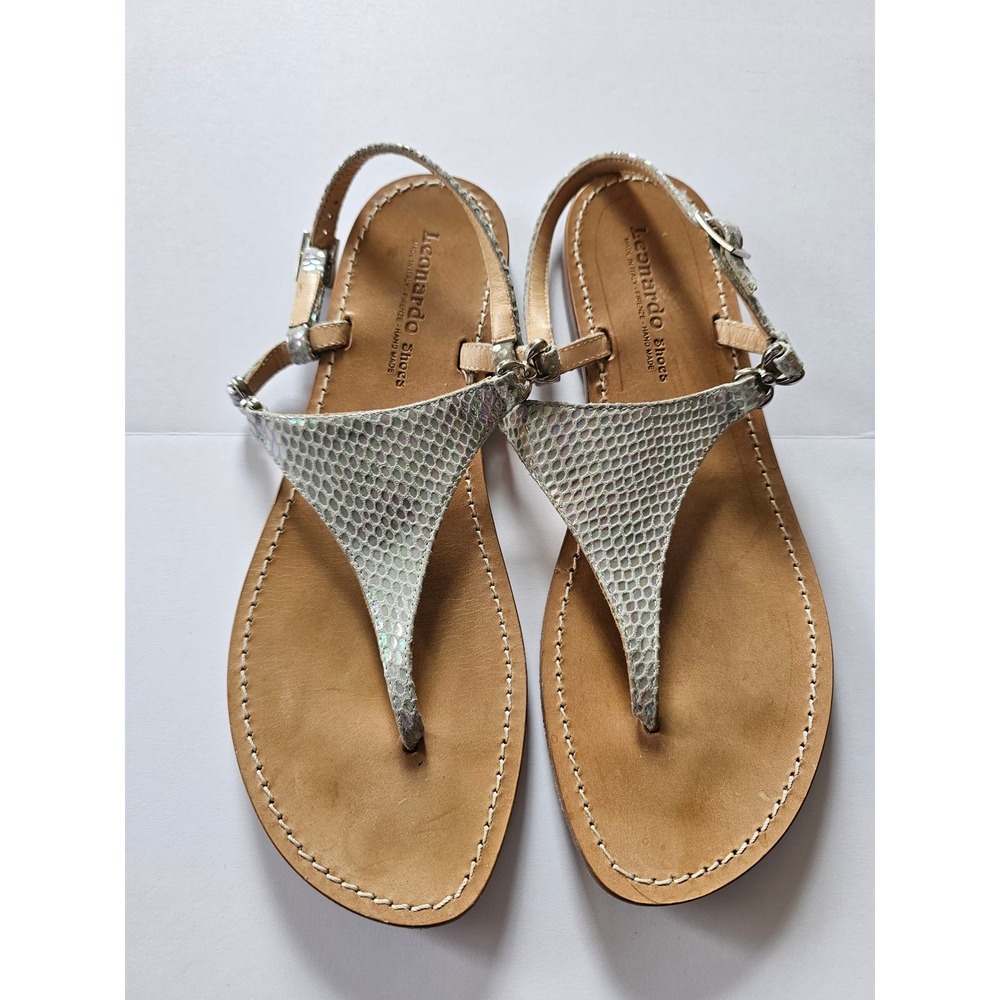 Leonardo Shoes Thong Sandals Womens 39 Silver Iridescent Snakeskin Leather Italy